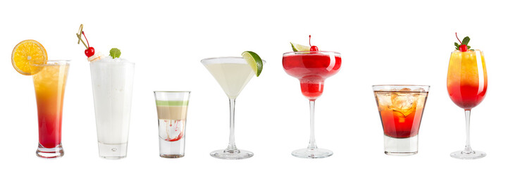 Set of refreshing cocktails on a white background. Isolated.
