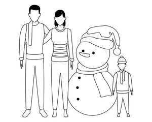 family with snowman black and white