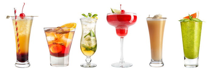 Set with different cocktails and strong drinks on a white background. Isolated.