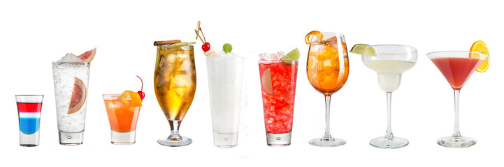 Set of refreshing popular cocktails on a white background. Isolated.