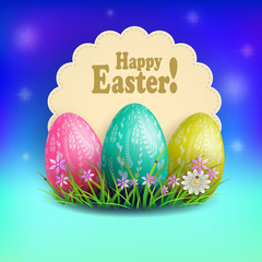 Illustration of a blue shade with a round curly frame and a set of Easter eggs,