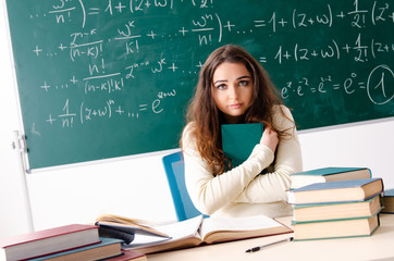 Young female math teacher in front of chalkboard  