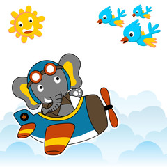 Funny elephant cartoon on plane at summer in the sky