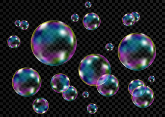 Colorful soap  bubbles with rainbow reflection.