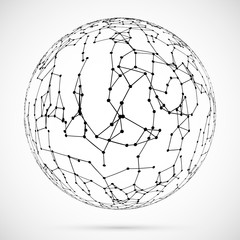 Connected lines and dots sphere.Geometric polygonal ball.Sphere with connected dots.Abstract vector triangular shape.Modern technology concept.Social network icon