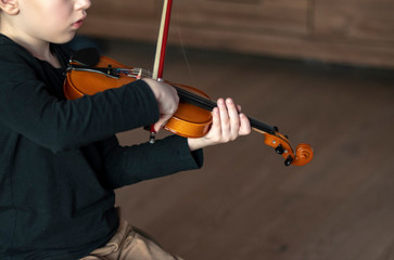Handle hold violin. Little boy carrying violin. Young boy playing violin, talented violin player. Musical instrument.