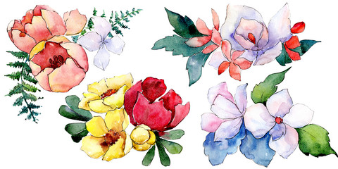 Bouquets floral botanical flowers. Watercolor background illustration set. Isolated bouquet illustration element.