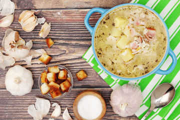 A bowl with traditional Czech garlic soup cesnecka