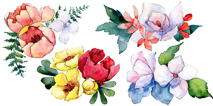 Bouquets Floral Botanical Flowers. Watercolor Background Illustration Set. Isolated Bouquet Illustration Element.