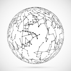Big data global network connection ball.Visual data concept.Sphere shape with dots,triangles,particles.Abstract 3D render vector illustration.Vector polygonal template illustration on grey background.
