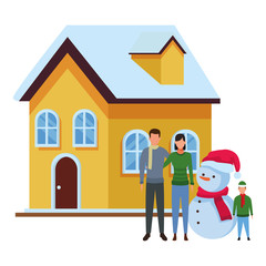 family with snowman and house
