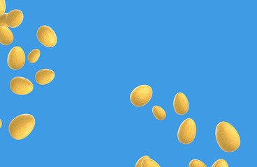 Yellow speckled Easter Eggs Flying on a blue background. Realistic 3d render.