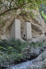 Towers in the rock on the road Grozny - Itum-Kali, the Chechen Republic (Chechnya), Russia.