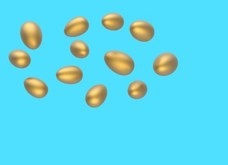 Golden Easter Eggs Flying on a blue background. Realistic 3d render.