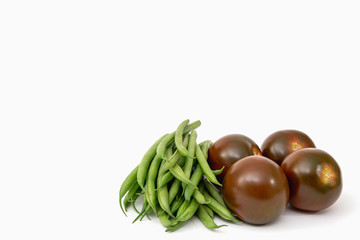 Fresh haricots and tomatoes isolated on white, copy space