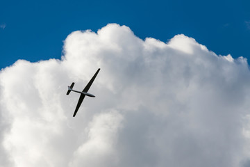 Ein Segelflieger vor einer großen Wolke