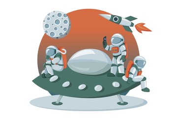 Astronaut landing on an alien space ship expedition cartoon flat dashboard image