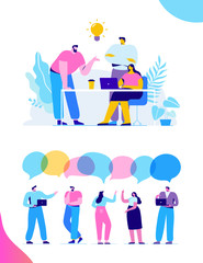 Brainstorming creative team idea discussion people. Teamwork staff around table laptop. Team thinking and brainstorming.  Analytics of company information. Flat vector illustration