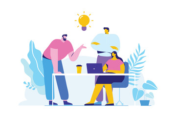 Team thinking and brainstorming. Training of office staff. Increase sales and skills. Analytics of company information.Flat vector illustration