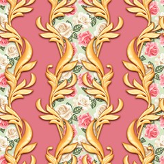 Seamless baroque pattern with roses and golden scrolls