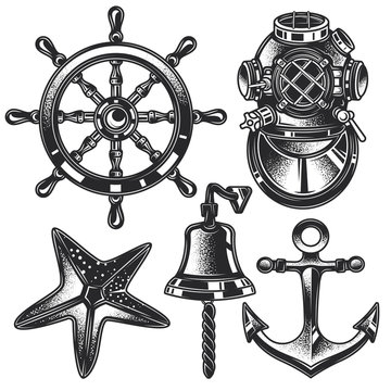 Monochrome Vector Marine Set In Vintage Style. Anchor, Steering Wheel, Starfish, Diving Helmet, Sea Bell