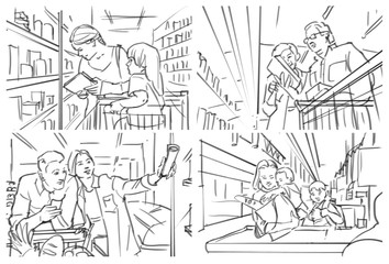Storyboard with people at grocery/cafe