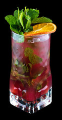 Raspberry Mojito decorated with orange chips. On black background