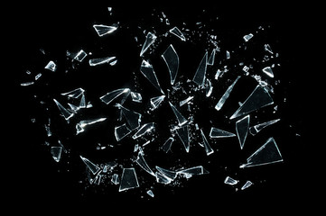 broken glass with sharp pieces over black - obrazy, fototapety, plakaty