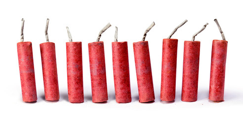 Red Firecrackers isolated on white background with clipping path. - obrazy, fototapety, plakaty