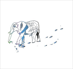 Color neon illustration of a walking elephant, made in the style of hatching.