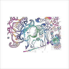 Obraz na płótnie Canvas Color neon illustration of a psychedelic elephant on a background of madhala, animals, patterns.