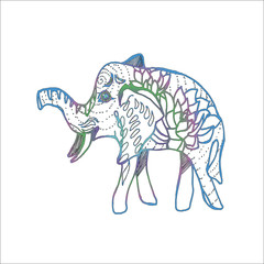 Illustration of a walking elephant with flowers and patterns on the side.