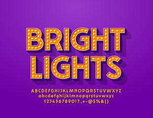Vector Bright Lights Alphabet Letters, Numbers and Symbols. Electric lamp Font in Vintage style