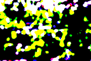 Abstract grunge or disco pattern containing bright yellow, green, black, white, blue and red colors.