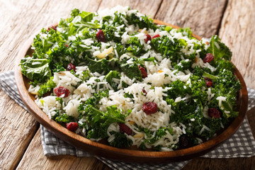 Vegetarian basmati rice with kale cabbage, garlic and dried cranberries close-up on a plate. horizontal