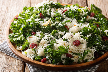 Garlic basmati rice with kale cabbage and dried cranberries close-up on a plate. horizontal