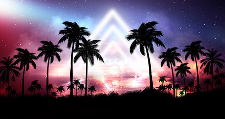 Night landscape with stars, sunset, stars. Silhouette coconut palm trees Vintage tone. Lights of the night city, neon, coast.