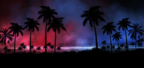 Night landscape with stars, sunset, stars. Silhouette coconut palm trees Vintage tone. Lights of the night city, neon, coast. - obrazy, fototapety, plakaty
