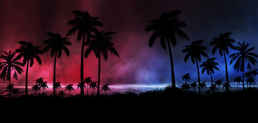 Night landscape with stars, sunset, stars. Silhouette coconut palm trees Vintage tone. Lights of...