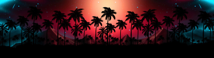Obraz premium Night landscape with stars, sunset, stars. Silhouette coconut palm trees Vintage tone. Lights of the night city, neon, coast.