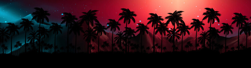 Fototapeta na wymiar Night landscape with stars, sunset, stars. Silhouette coconut palm trees Vintage tone. Lights of the night city, neon, coast.