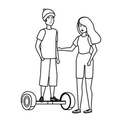 young couple in hoverboard electric