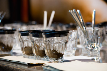 Tasting coffee in glass, Coffee cups on table for tasting