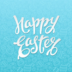 Vector illustration with text Happy Easter and seamless texture with ornamental eggs on blue background. Festive layout with pattern in doodle style for design of greeting card or holiday invitation.