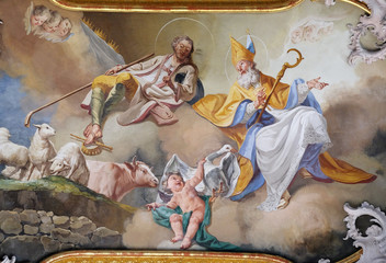 Saint Martin and Saint Wendelin, fresco by Matthaus Gunther in Benedictine monastery church in...