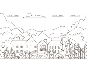 Thin line outline landscape rural farm. Panorama design village modern with mountain, hill, tree, sky, cloud and sun. Line art stile abstract backround, linear vector illustration