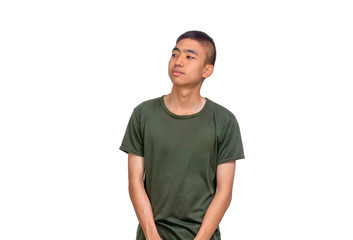 Obraz premium Young Thai man in shrt hair and olive green t-shirt look to his right side