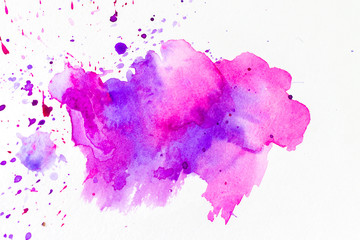 Colorful pink watercolor stain with aquarelle paint blotch. Abstract hand drawn watercolor blots, strokes on white
