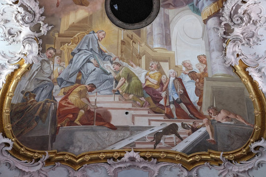 Foundation of the Benedictine order, fresco by Matthaus Gunther in Benedictine monastery church in Amorbach, Germany 