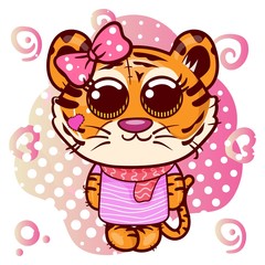 Baby Shower Greeting Card with cute Cartoon tiger girl - Vector